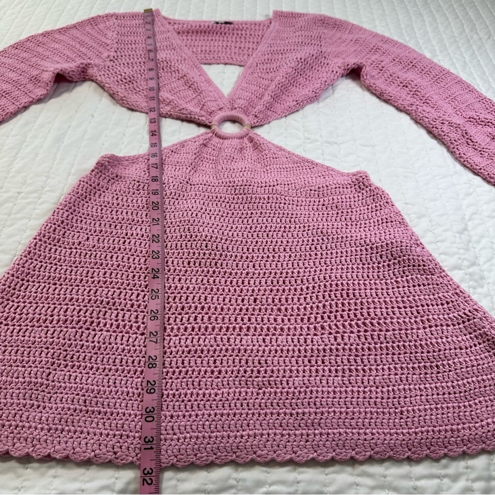 Beginning Boutique Long Sleeves Drawstrings Cut Out Pink Crochet Mini Dress - Picture 7 of 16